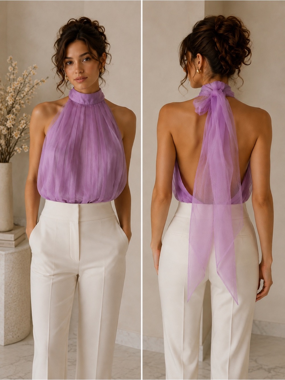 Lovers and friends Sheer Lavender Halter Top with Bow Tie Back